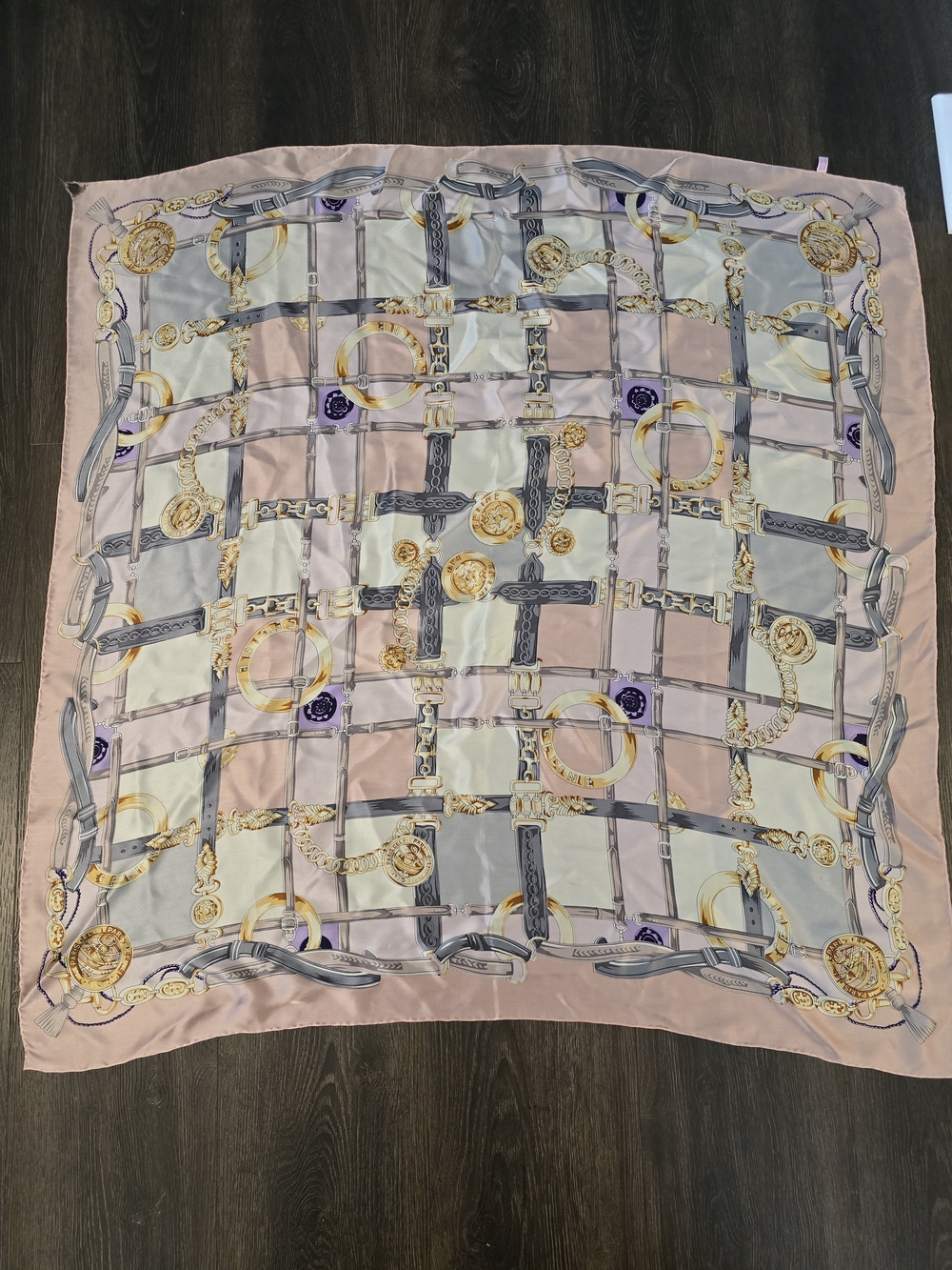 Silk-Feel Square Scarf in Soft Pink, Gray & Cream